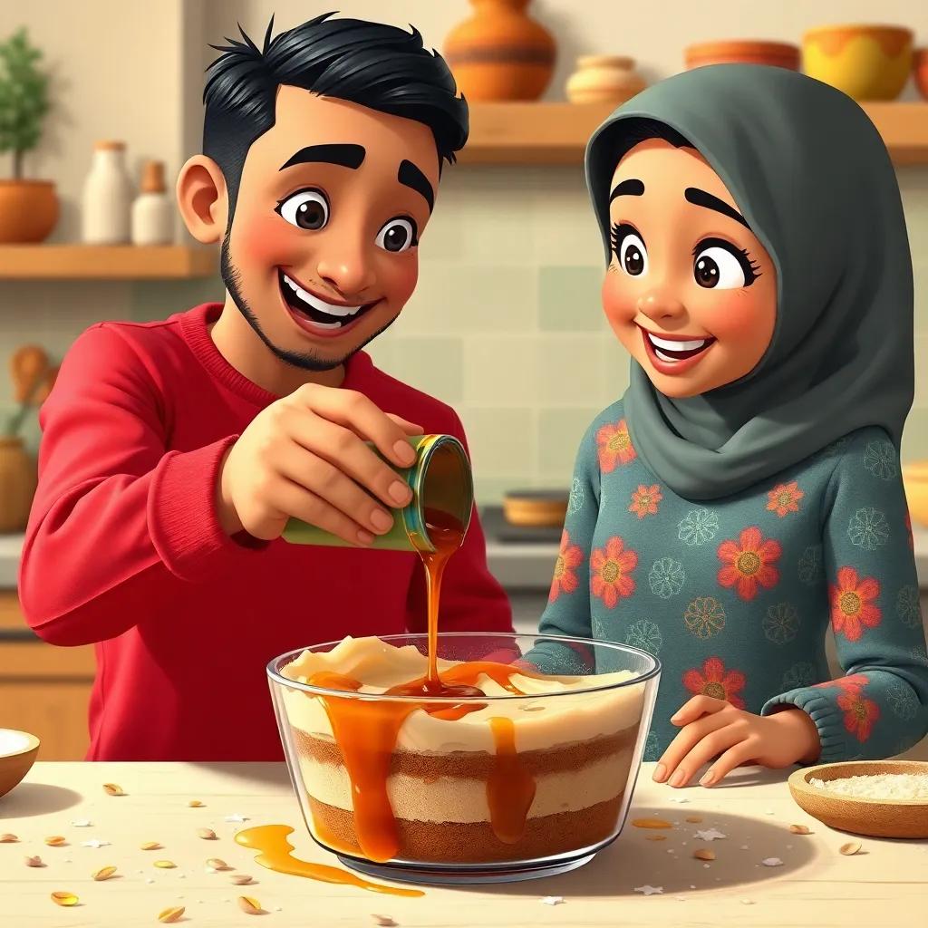 A close-up of Mohammed and Leila pouring date syrup into the cake mixture, both looking excited, vibrant kitchen background with ingredients scattered, moments of joy and teamwork, digital art, high quality, child-friendly