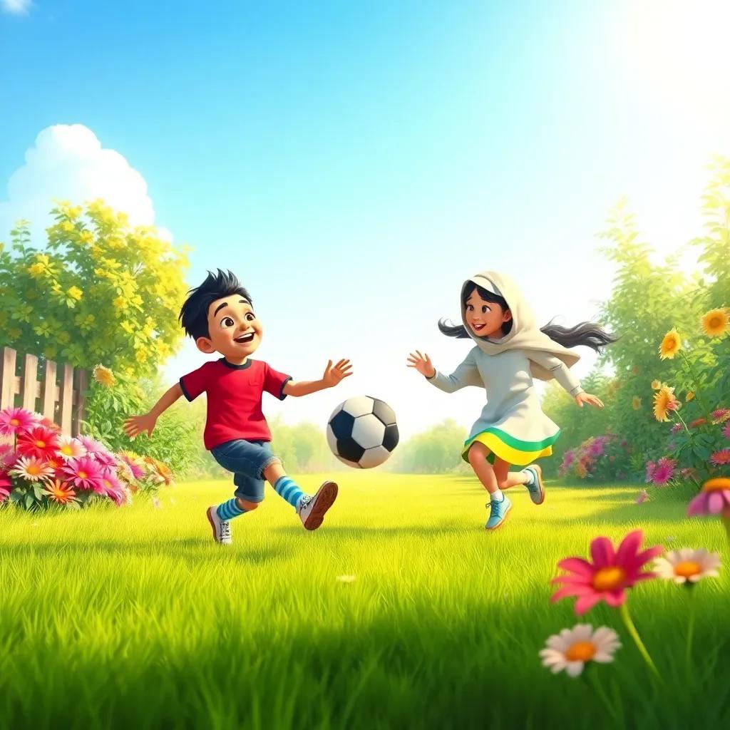 Mohammed and Leila playing football in a sunny garden, both laughing and enjoying the game, lush green grass and colorful flowers around, bright blue sky, joyful scene, digital art, fun and cheerful mood, child-friendly