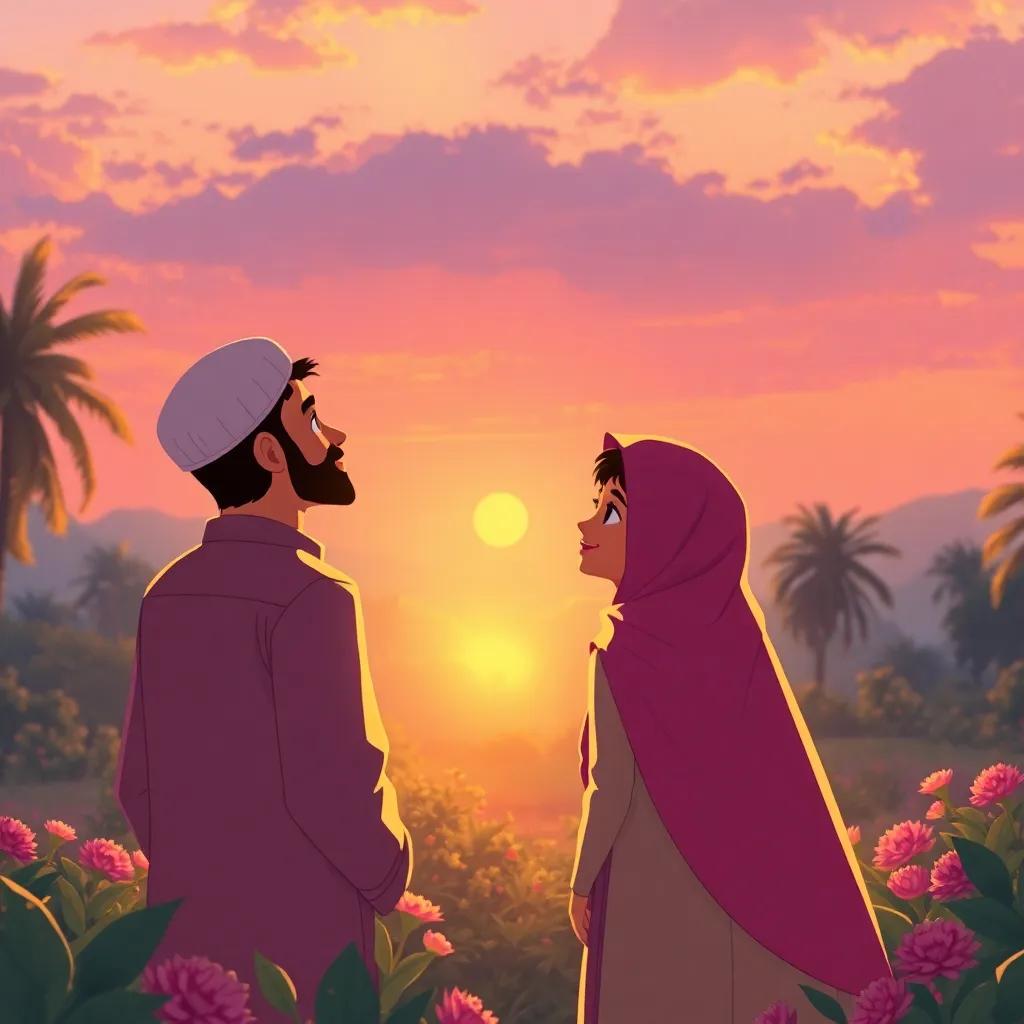 A beautiful sunset in the garden as Mohammed and Leila look at the horizon, with the sounds of the call to prayer in the background, both smiling in anticipation, warm golden light, peaceful atmosphere, illustration, magical moment