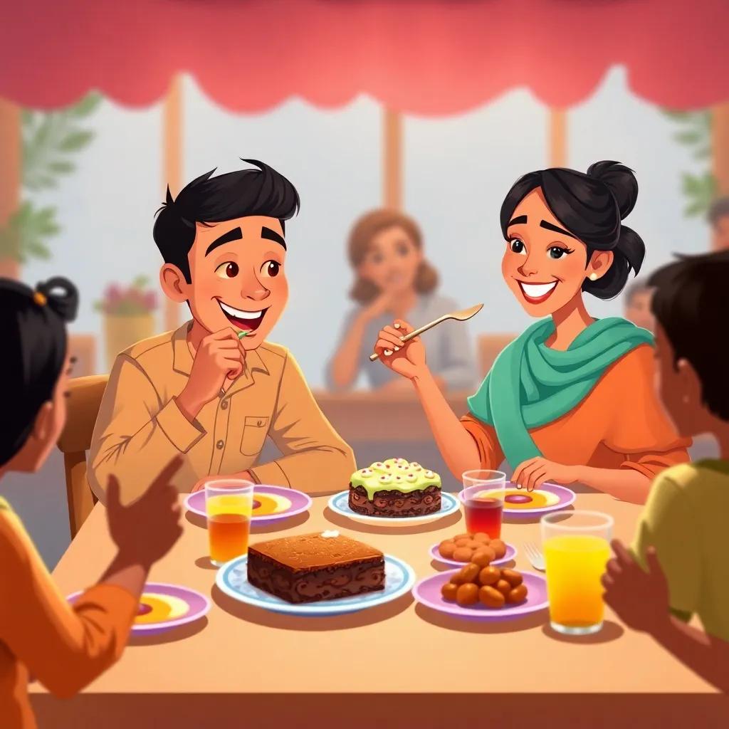 Mohammed and Leila sitting at the table enjoying their delicious date cake, with smiles of joy as they take a bite, colorful plates and drinks in front of them, a family gathered around them, happy and warm scene, digital art, inviting colors