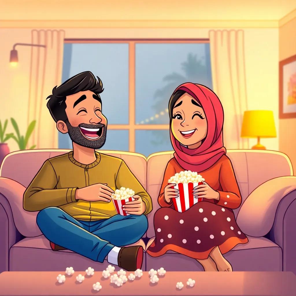 Mohammed laughing while watching a funny movie with Leila, both sitting on a cozy sofa with popcorn, bright living room with warm lighting, cheerful and happy atmosphere, illustration, vibrant colors, fun moment