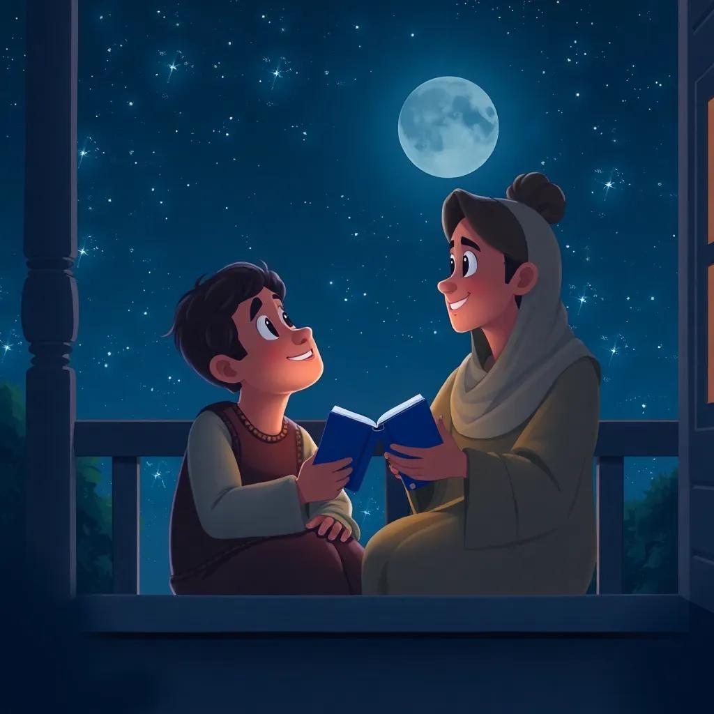 A night scene with Mohammed and Leila looking at the starry sky from their porch, sharing stories and smiles, a calm and peaceful night around them, starry background, magical and comforting, digital art, serene atmosphere