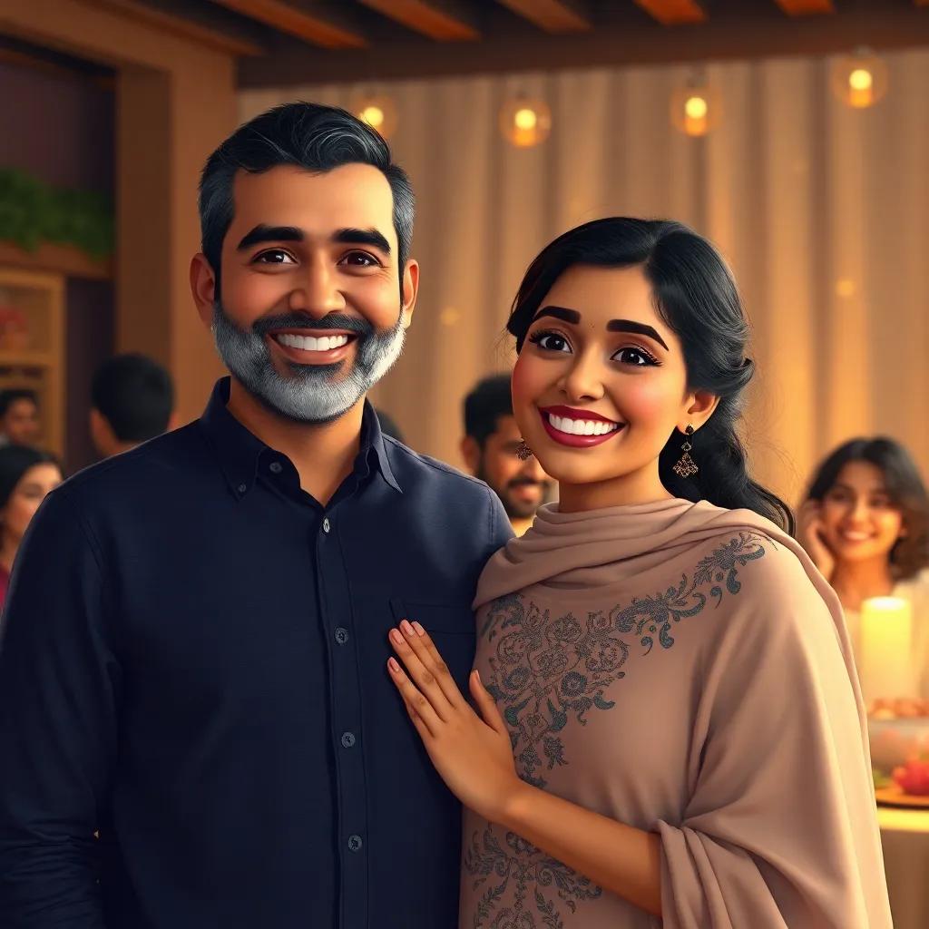 Mohammed and Leila together, smiling and happy after a long day, with family and friends in the background celebrating together, warm and inviting light, joyful scene, digital art, high quality, heartwarming