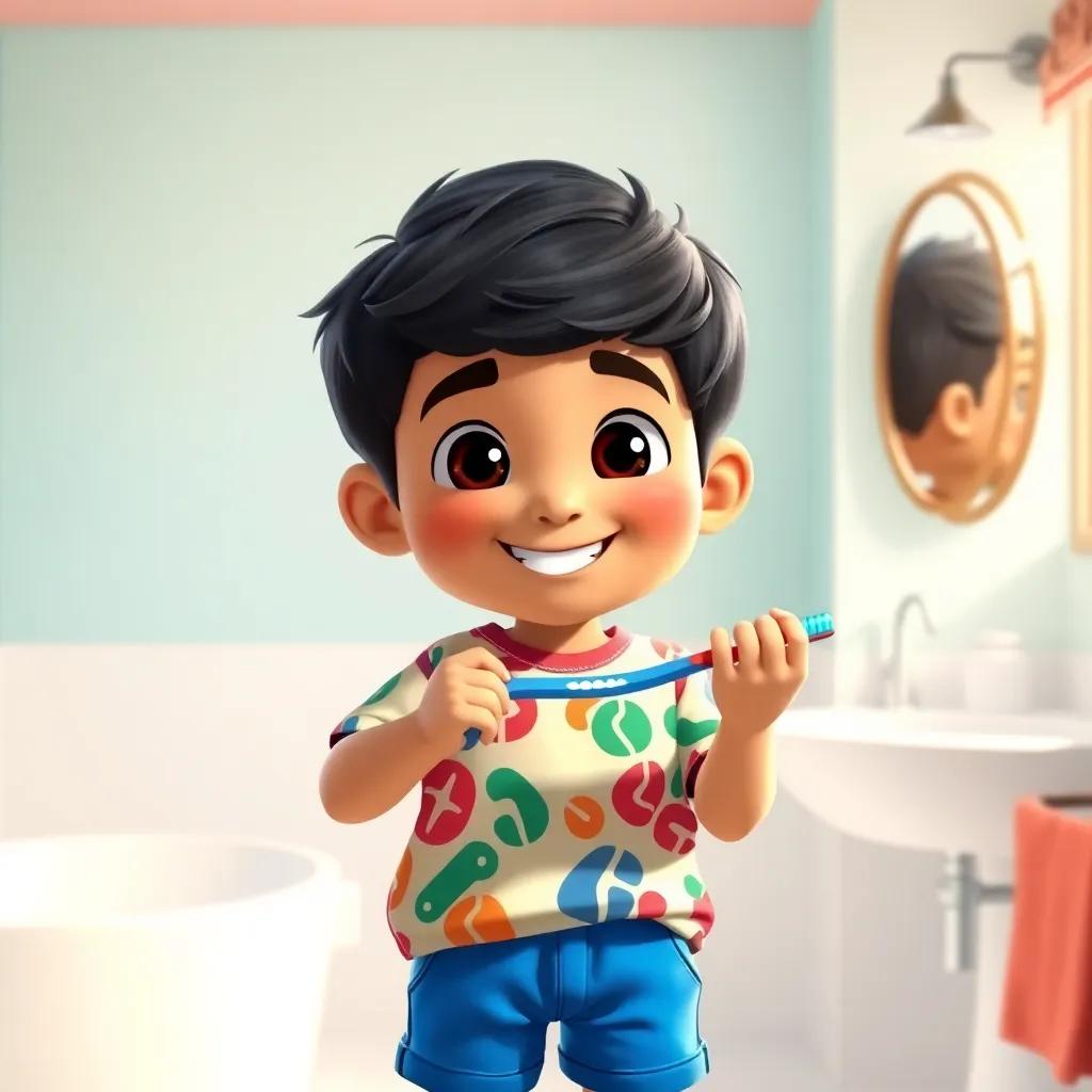 A cheerful young Arab boy, Sami, with short black hair, wearing a colorful shirt and blue shorts, standing in a bright bathroom with a large mirror, holding a toothbrush and smiling, digital art, vibrant colors, fun atmosphere, high quality