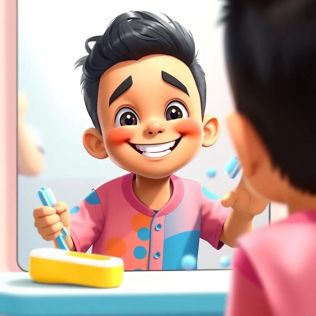 A happy young Arab boy, Sami, with short black hair, wearing a colorful shirt and blue shorts, looking into the mirror with a big smile, surrounded by colorful toothpaste and his toothbrush, cheerful, bright light, child-friendly, high quality