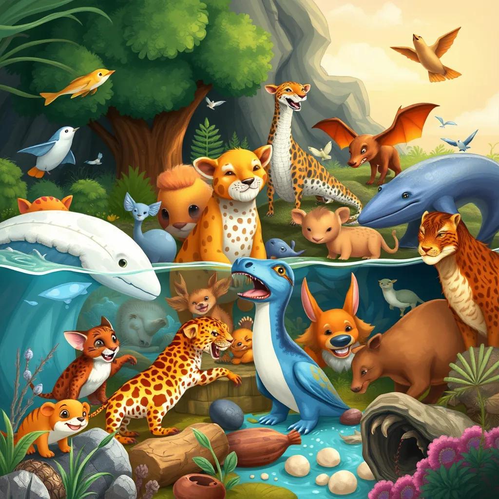 A diverse group of land and water animals, showcasing their different habitats, vibrant and colorful scene, digital art, warm colors, educational theme, detailed visuals
