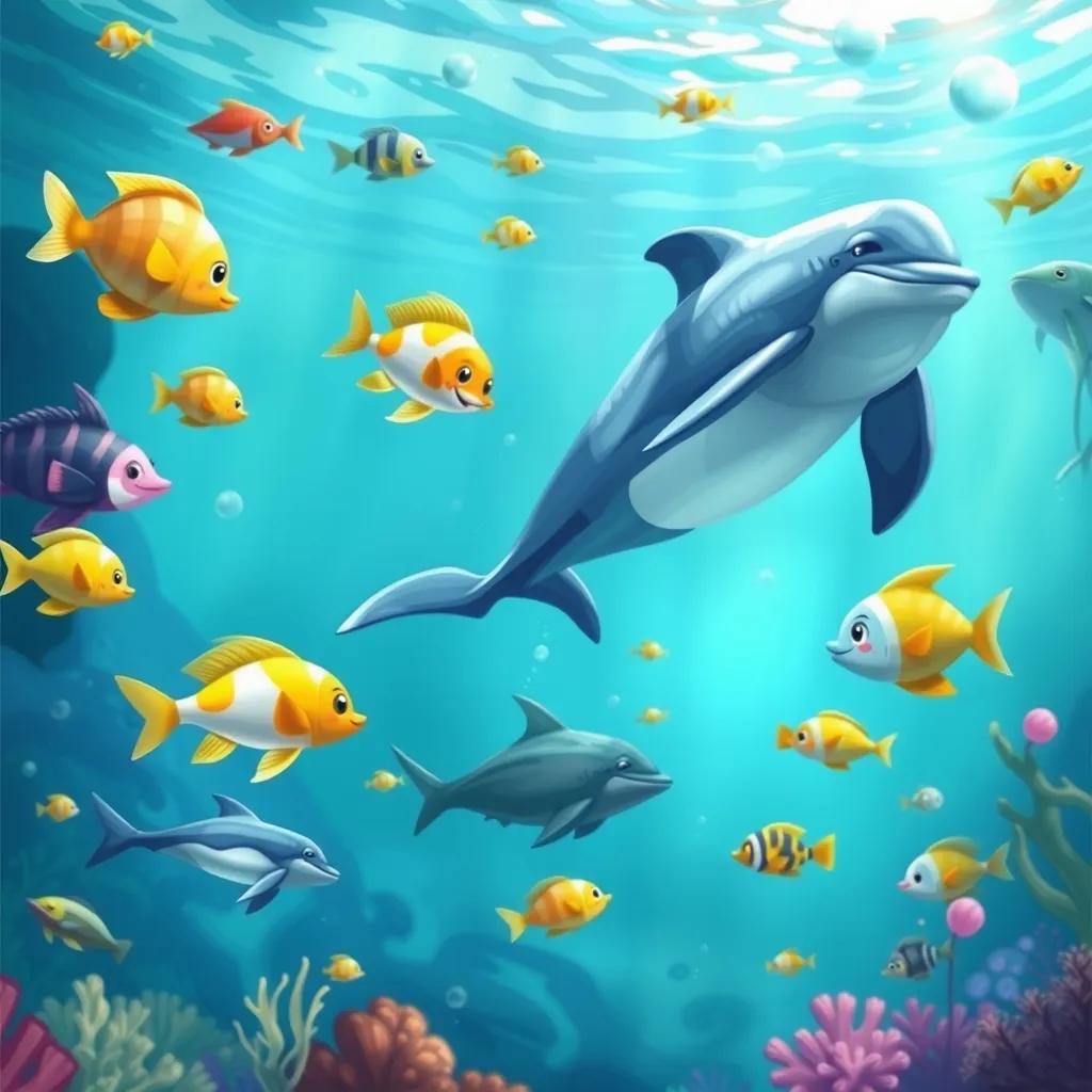 A beautiful underwater scene with various fish and dolphins swimming happily, digital painting, bright colors, playful atmosphere, high quality