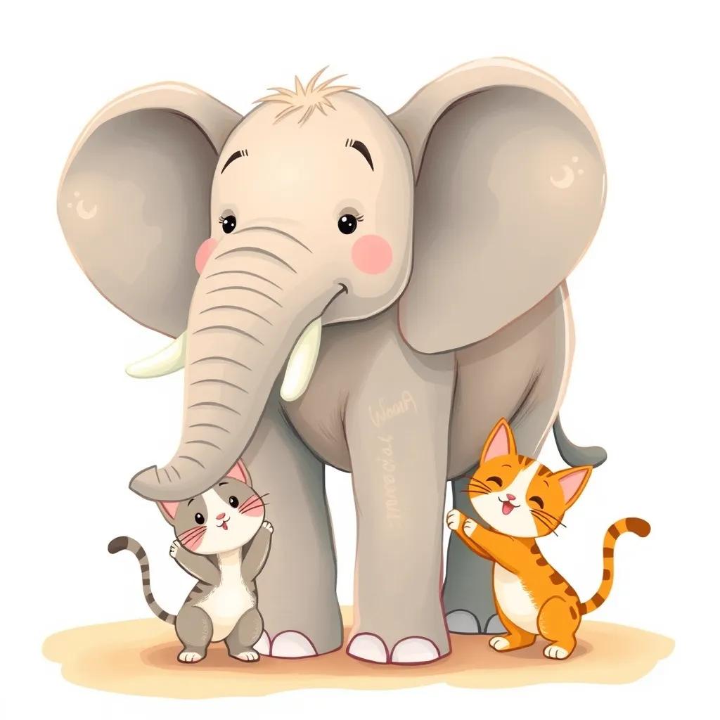 An elephant standing proudly next to a playful cat, illustrating their different sizes and environments, cheerful illustration, warm light, inviting perspective