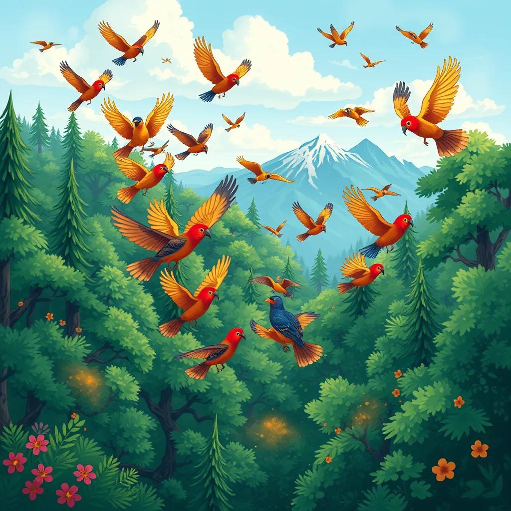 A flock of colorful birds flying above a lush forest, with trees and mountains in the background, vivid colors, vibrant and lively, storytelling view, high quality