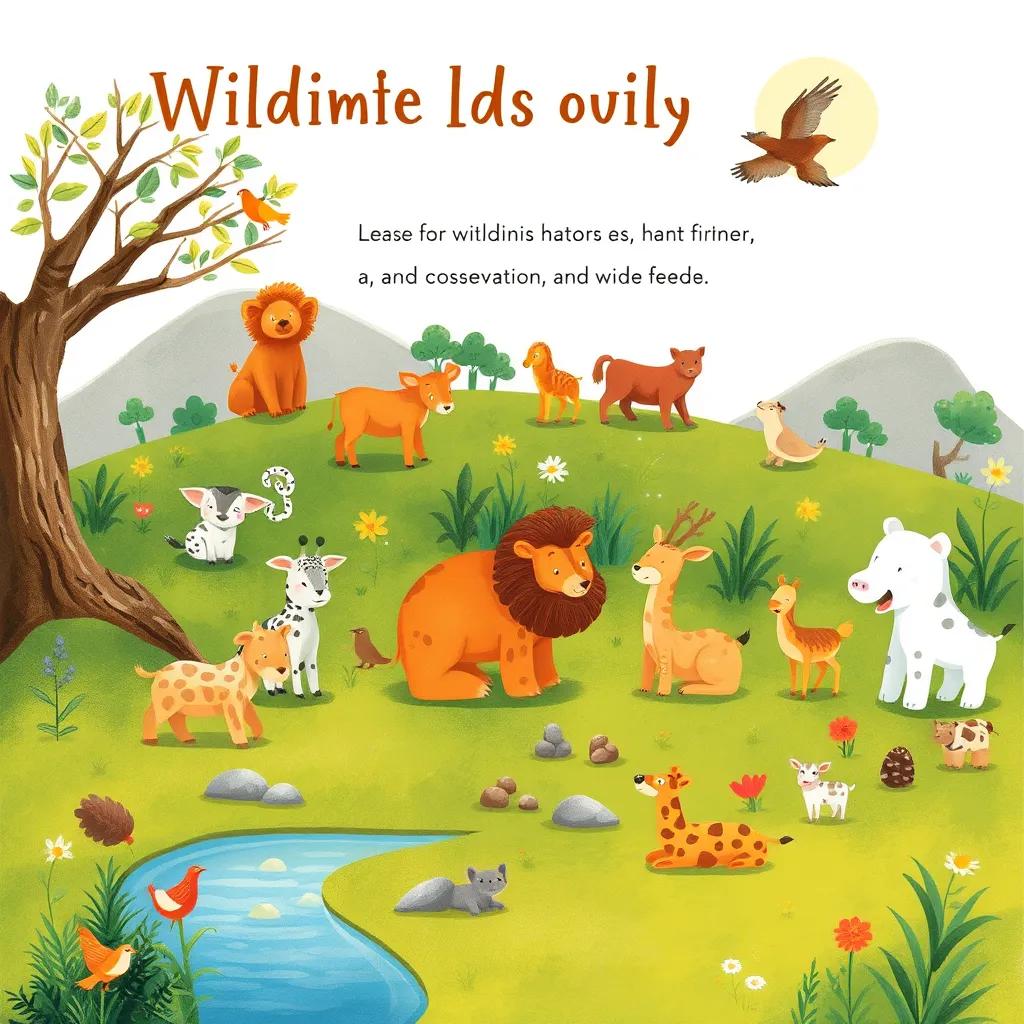 A peaceful scene showing various animals in their natural habitats, highlighting the importance of wildlife conservation, warm tones, heartwarming atmosphere, captivating visuals