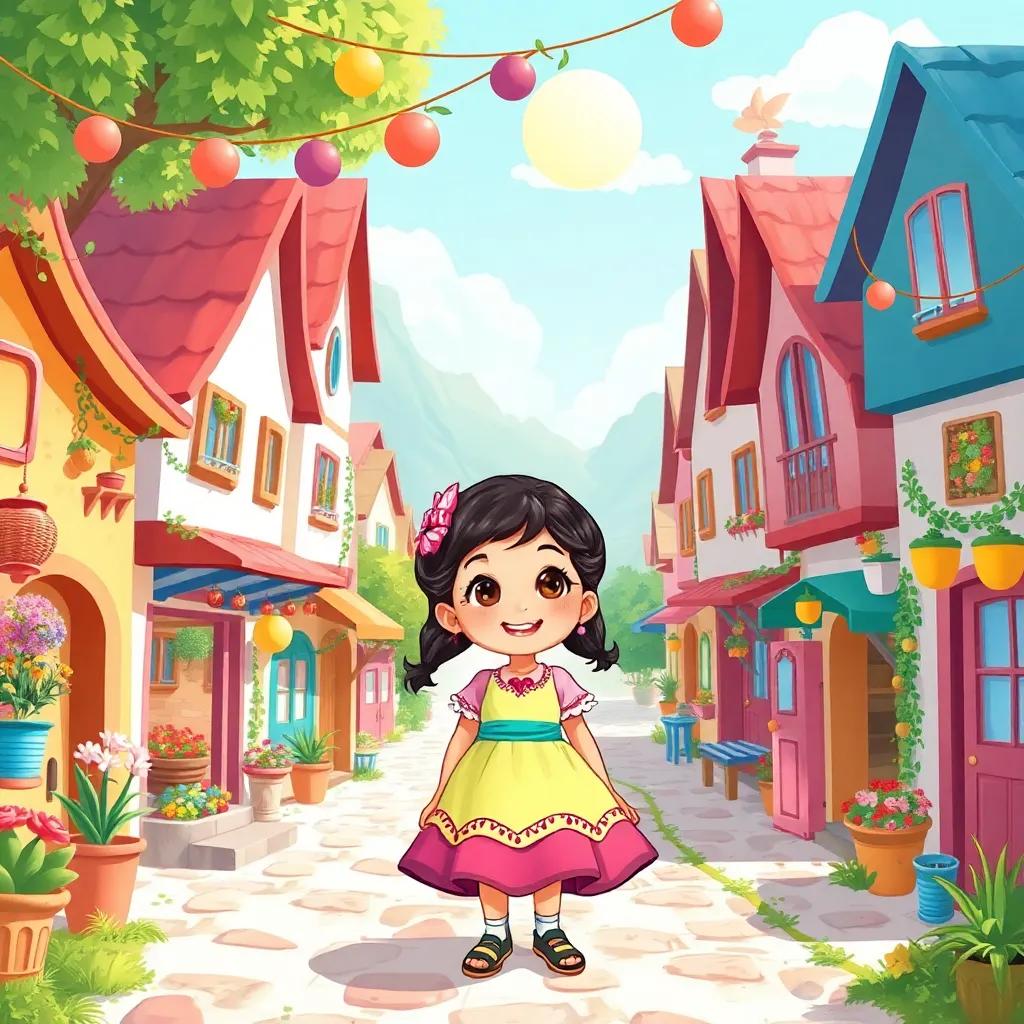 A small, vibrant village filled with colors and decorations, with a little girl, Leila, smiling and wearing different beautiful dresses. The scene is cheerful, sunny, and lively, showcasing the beauty of her surroundings, digital art, bright colors, inviting atmosphere, high quality