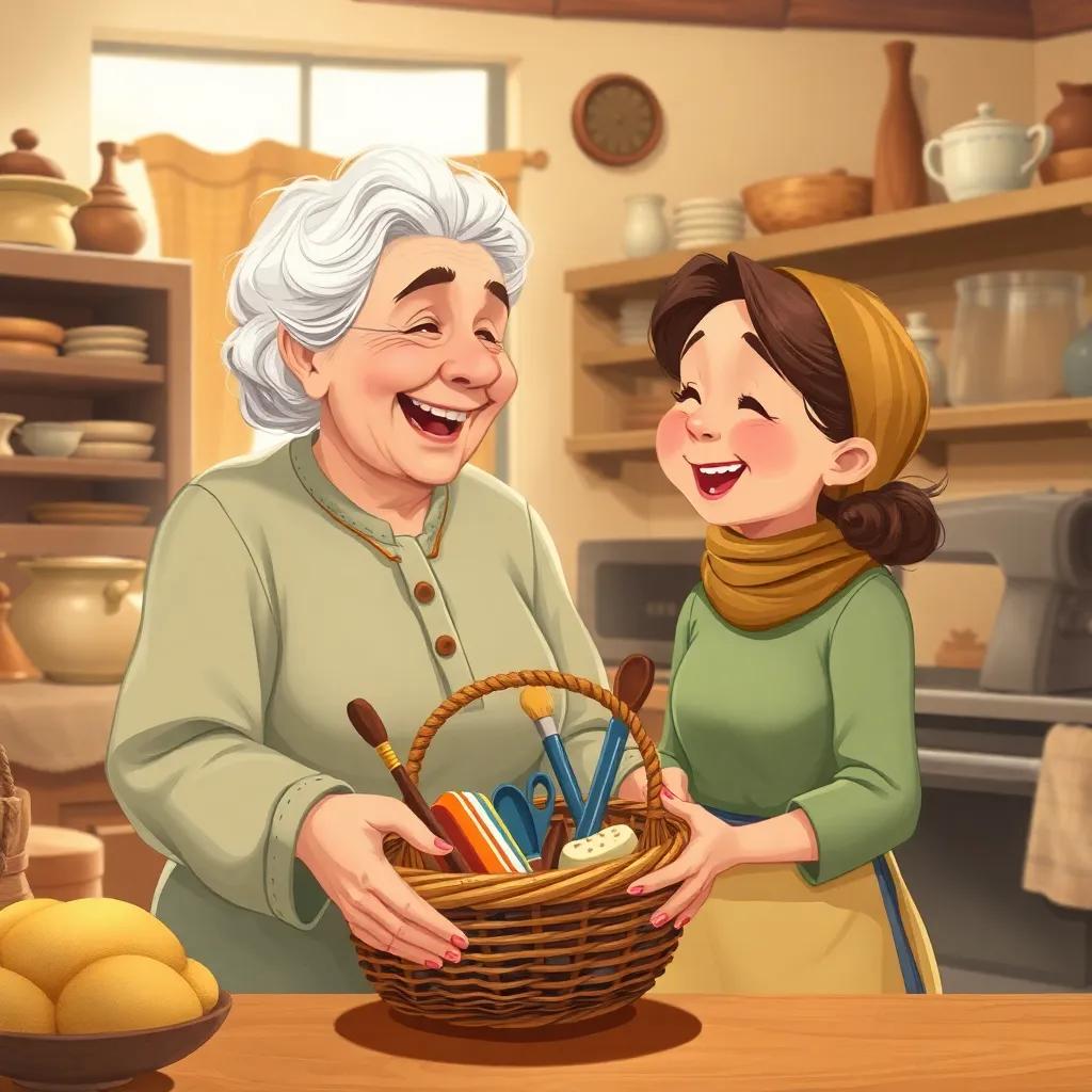 An elderly woman, Leila's grandmother, holding a basket of sewing tools, laughing and explaining to Leila in a cozy kitchen filled with warmth and love, digital painting, homey, warm colors, affectionate vibe, high quality