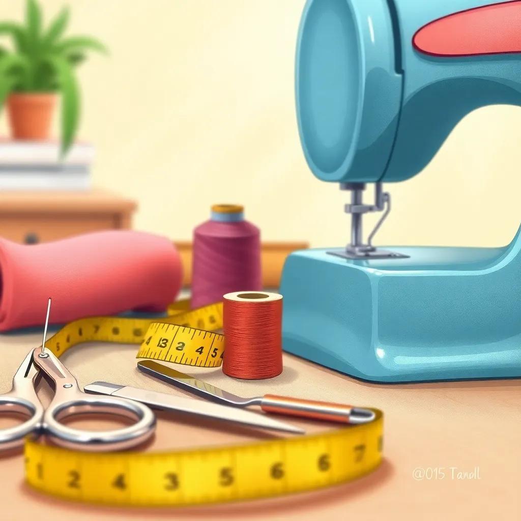 A close-up of sewing tools: scissors, measuring tape, needle and thread, and a sewing machine, displayed neatly on a table, showing the details of each tool. The background is softly blurred, focus on the tools, sharp detail, art style, high quality