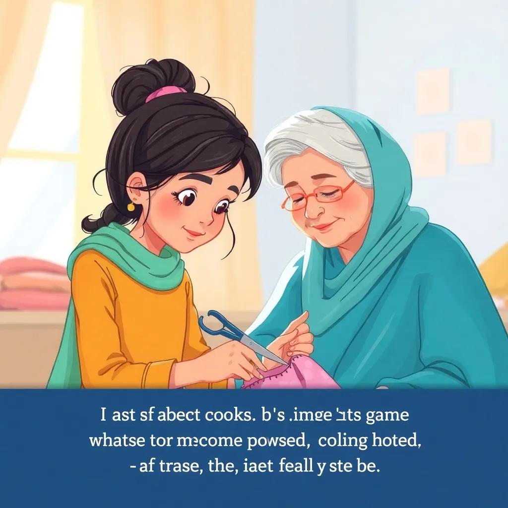 Leila carefully cutting a small piece of fabric with scissors, looking focused and determined, with her grandmother helping her. The setting is bright and filled with encouragement, illustration, vibrant colors, friendly, high quality