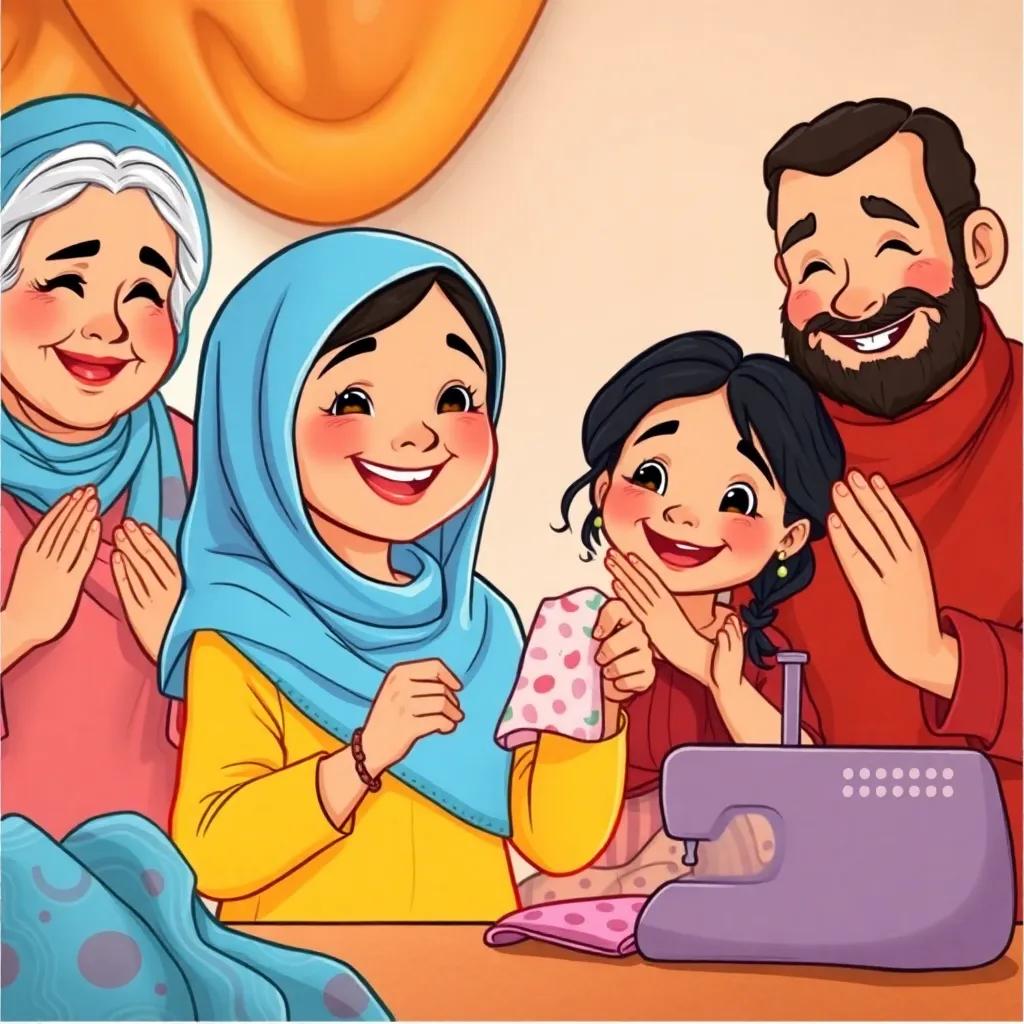 Leila smiling after sewing a small piece of fabric, showing her proud creation, with her grandmother and Uncle Khalil clapping for her. The joy and satisfaction are radiating from the scene, warm colors, cheerful atmosphere, high quality