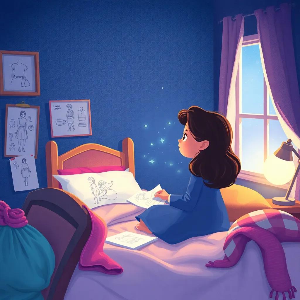 A cozy bedroom scene at night, Leila dreaming of becoming a fashion designer, surrounded by sketches and colorful fabrics, with soft starlight coming through the window. The mood is imaginative and inspiring, illustration, soft colors, dreamlike quality, high quality