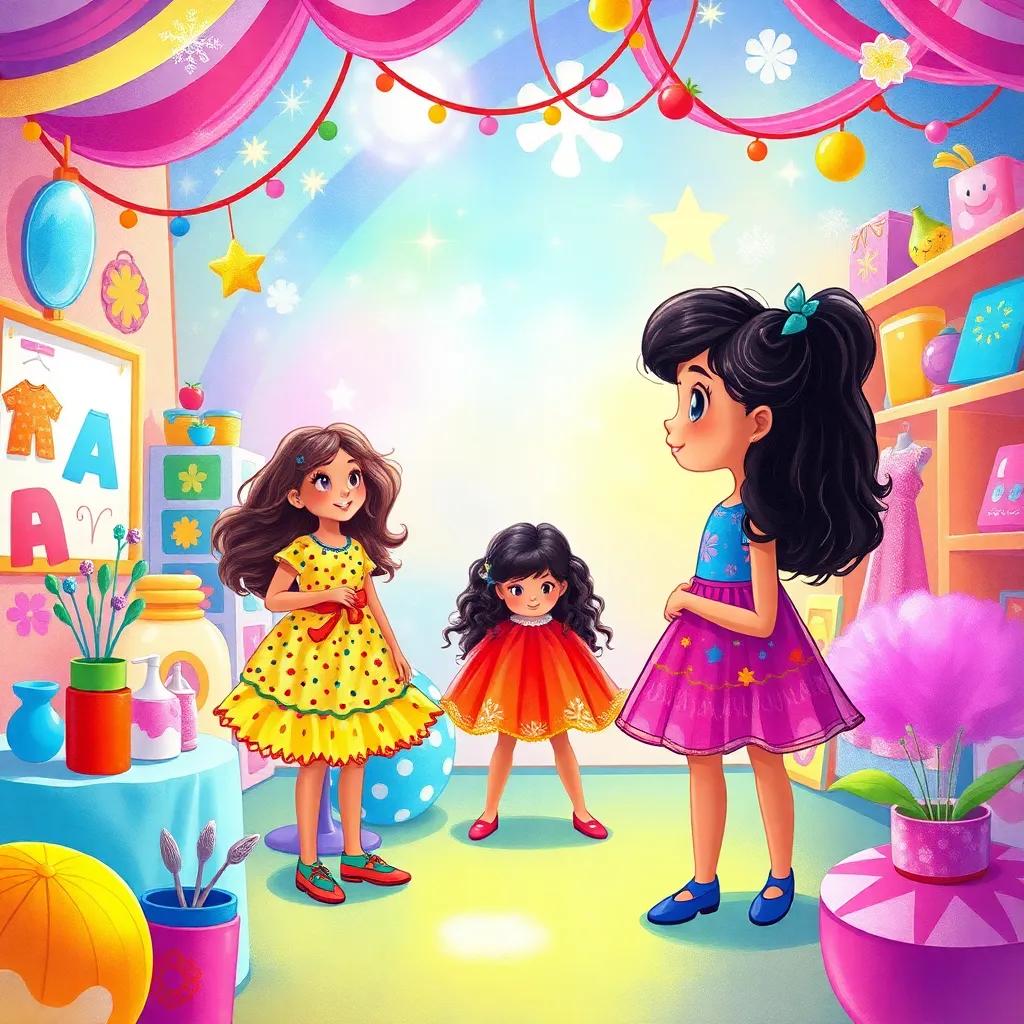 A colorful dream scene where Leila imagines herself designing bright clothes with her friends in a magical creative space filled with rainbow colors, digital art, whimsical, lively, high quality