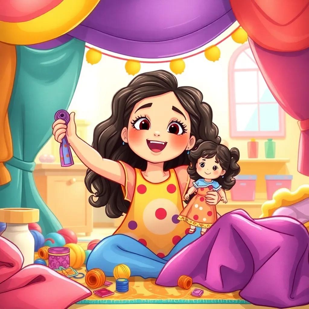 Leila excitedly gathering fabric and threads in a bright, playful environment, preparing to start her new fashion adventure with her doll. The scene is full of energy and enthusiasm, illustration, vibrant colors, joyful, high quality