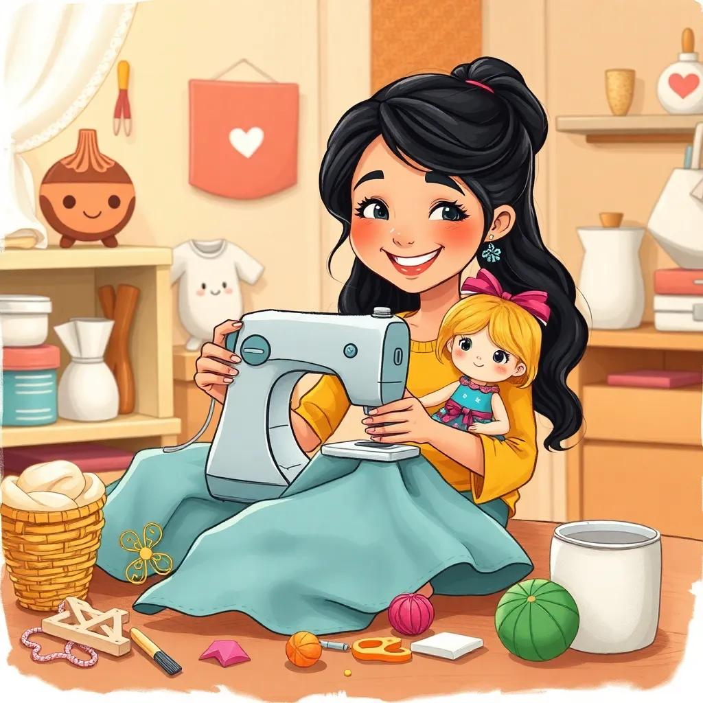 Leila happily working on her sewing project with her doll, surrounded by crafts and materials, with a big smile on her face. The atmosphere is warm and creative, cheerful colors, inviting, high quality