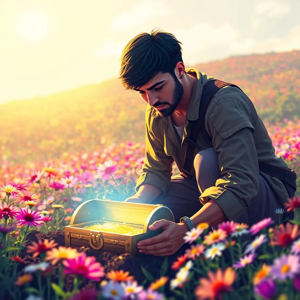 A humble man, Sami, with short black hair wearing worn-out clothes, digging in a sunlit field filled with wildflowers, finding a shiny treasure chest, colorful, digital art, vibrant colors, uplifting atmosphere, high quality