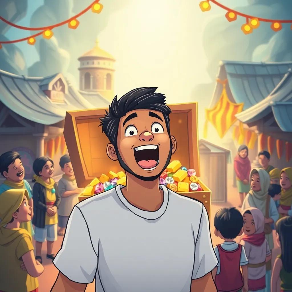 An excited man, Sami, with short black hair, standing in front of a treasure chest overflowing with jewels and gold, in a lively village setting with villagers gathering around, bright light, cheerful, illustration, heartwarming, inviting environment, high quality