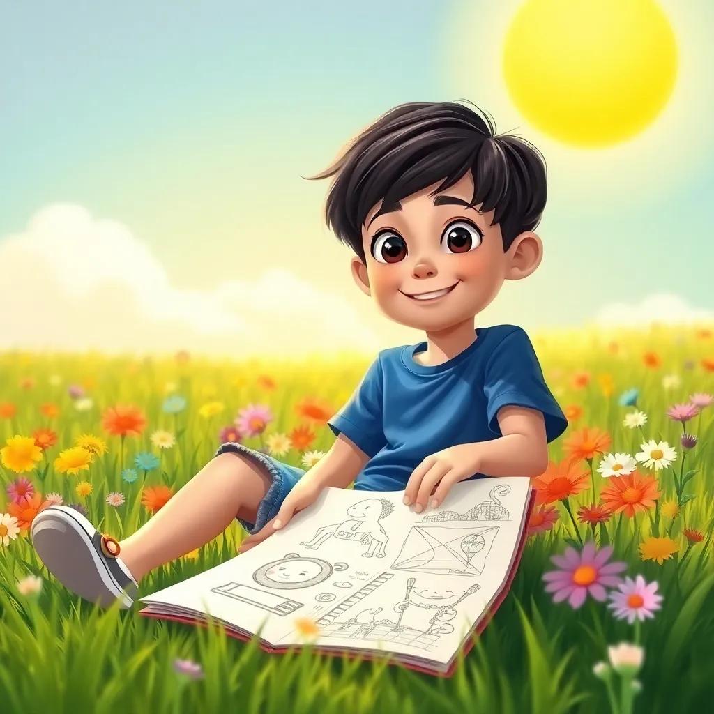 A curious young boy, Sami, with short black hair, wearing a blue t-shirt and denim shorts, sitting on a grassy field under a bright sun, surrounded by colorful flowers and a notepad full of drawings, digital art, cheerful, vibrant colors, warm atmosphere, high quality