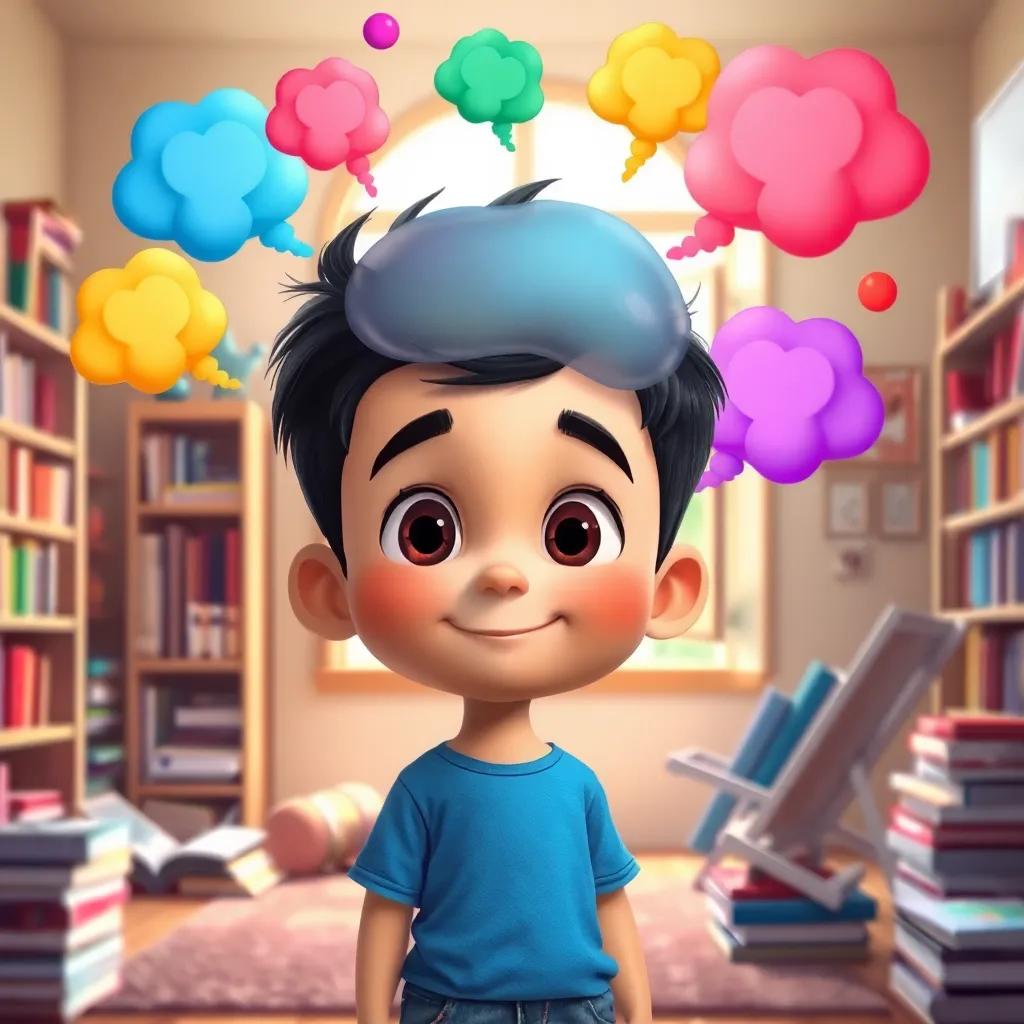 Sami, a young boy with short black hair in a blue t-shirt and denim shorts, surrounded by floating colorful thought bubbles depicting brain activity, with a backdrop of a cozy room filled with books and an open window, illustrating imagination and learning, colorful, bright light, inviting environment, high quality