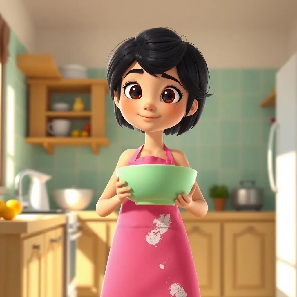 A sunny kitchen, a young Arab girl, Dunia, with short, dark hair wearing a pink apron with flour stains, standing confidently with a mixing bowl, bright colors, cheerful atmosphere, digital art, high detail