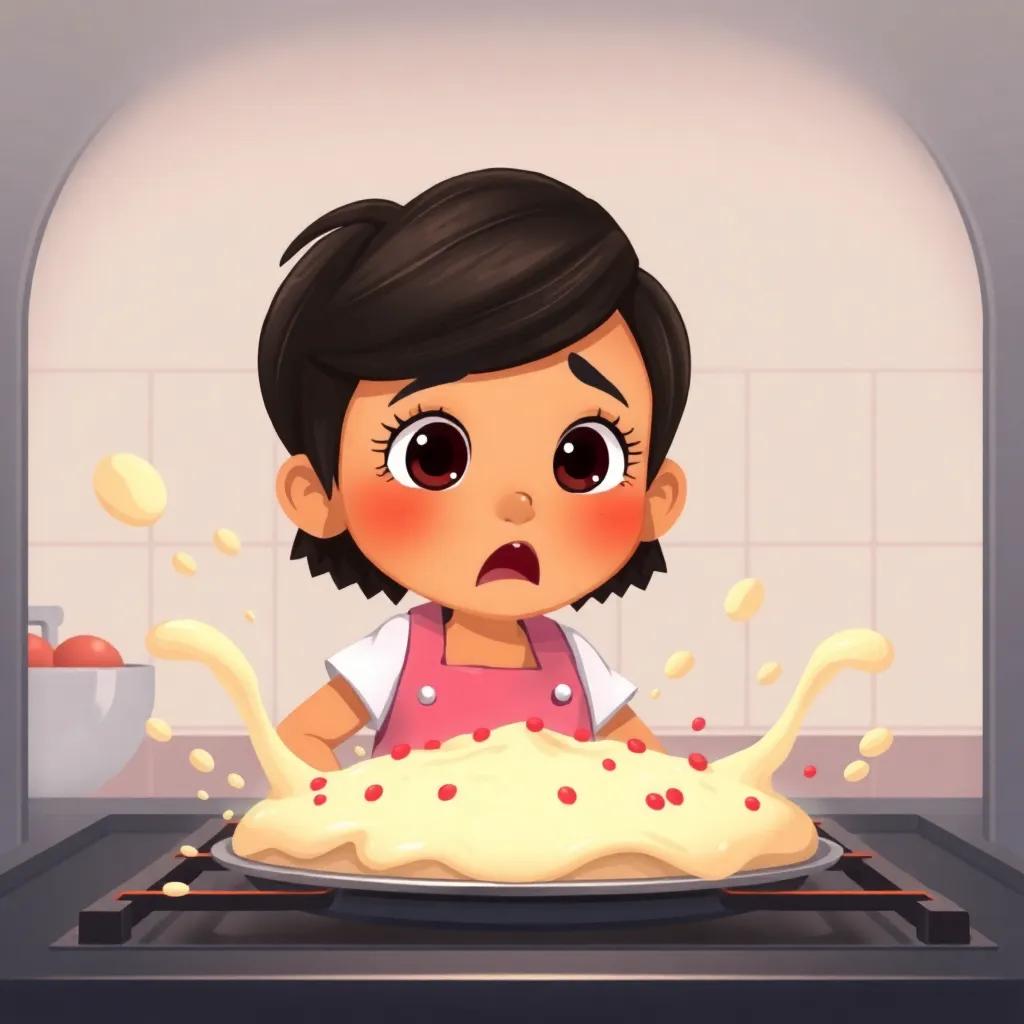 A young Arab girl, Dunia, with short, dark hair in a pink apron, looking shocked as a cake explodes in the oven, with cake batter overflowing like a volcano, humorous scene, vibrant colors, playful tones, digital illustration, high quality
