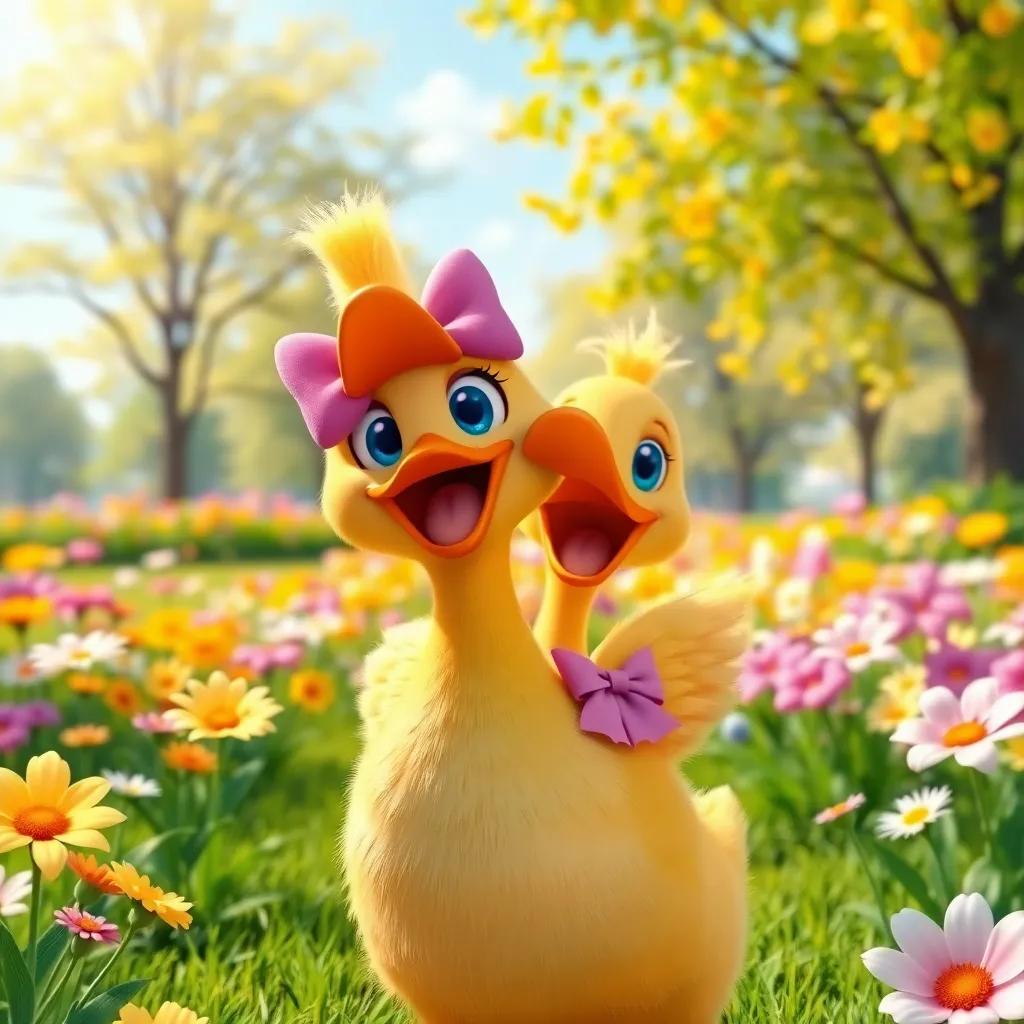 A cheerful duck, KiKi, with bright yellow feathers, wearing a pink bow, excitedly calling to her friend SuSu in a sunny park filled with flowers, digital art, vibrant colors, joyful atmosphere, high quality