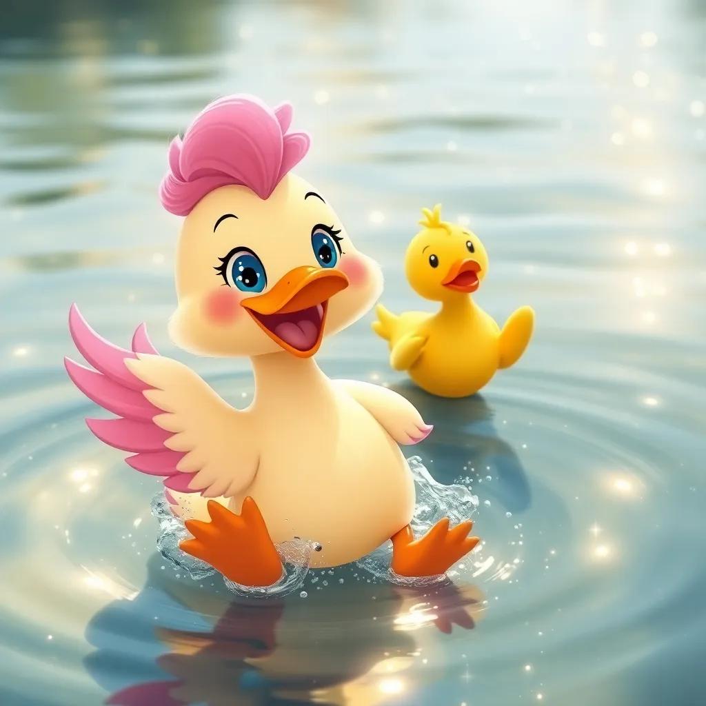 A happy duck, SuSu, with pink feathers, making a playful splash in a shimmering lake, while KiKi, the yellow duck, adds to the fun, surrounded by sparkling water, illustration, colorful, playful, child-friendly