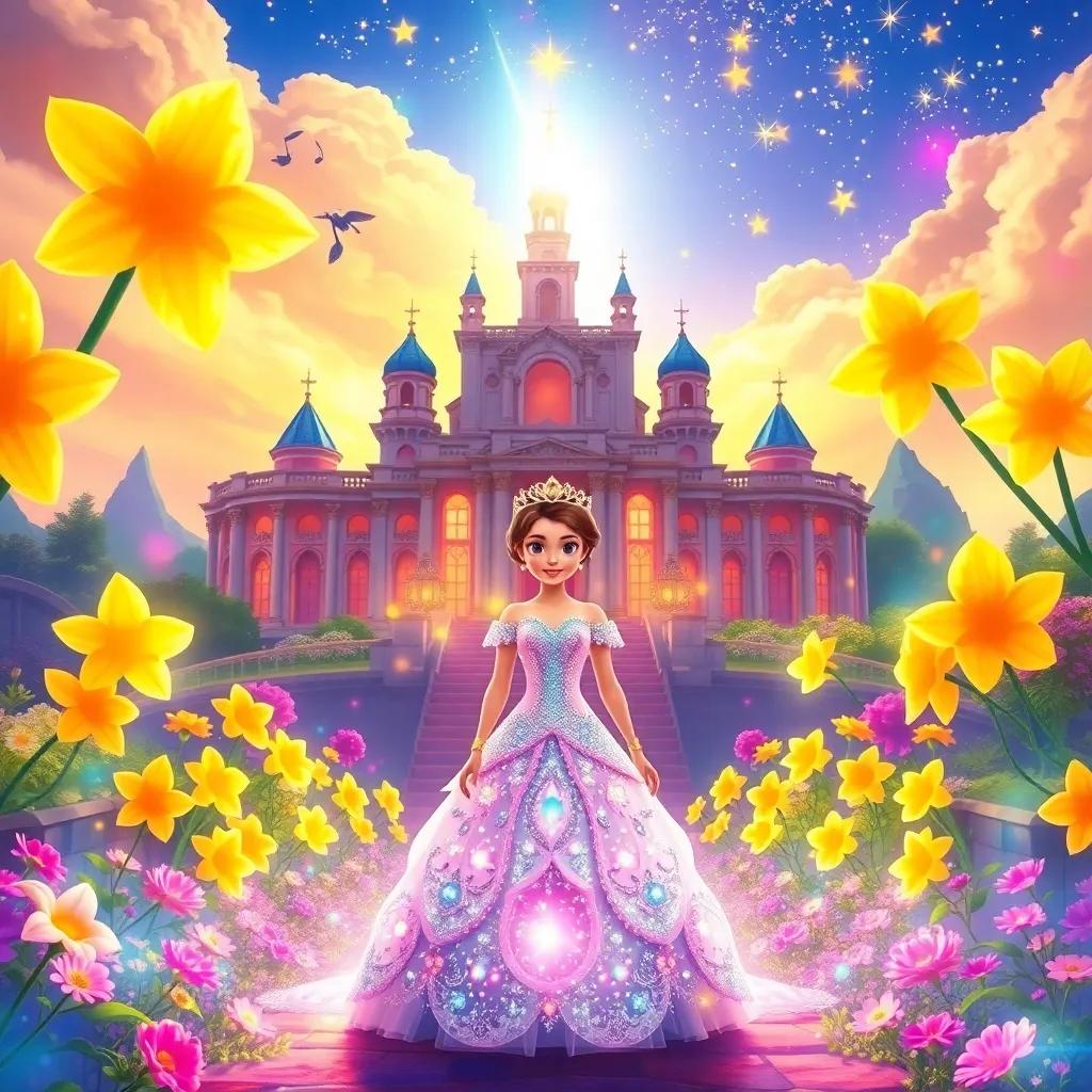 A magical kingdom with golden flowers shining like stars under a bright sky, princess Luminara standing in front of a grand palace, wearing a sparkling gown with a crown, surrounded by vibrant colors and cheerful music, enchanting atmosphere, high quality