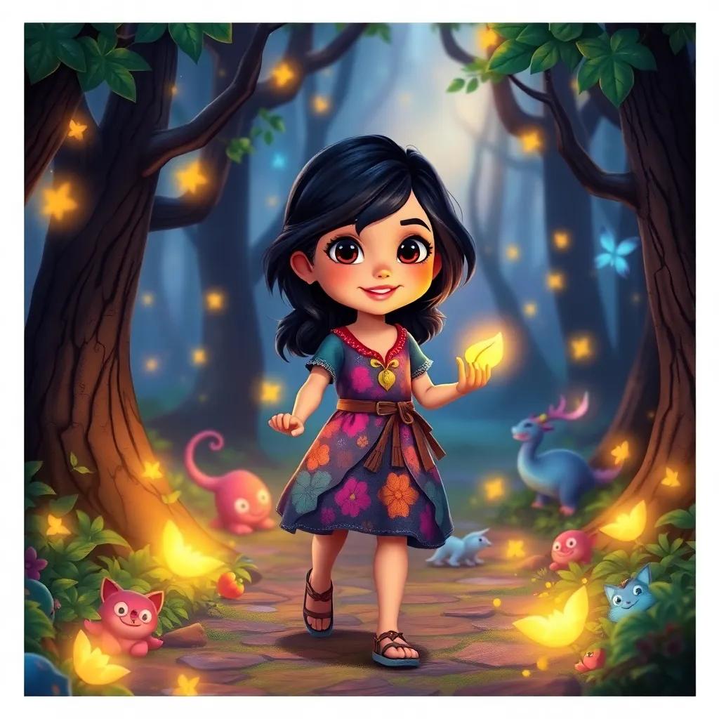 KAMOUL, a brave girl with dark hair in a colorful dress, walking through a mystical forest filled with sparkling lights and magical creatures, holding a glowing golden petal, adventurous spirit, vibrant colors, child-friendly art style, high quality