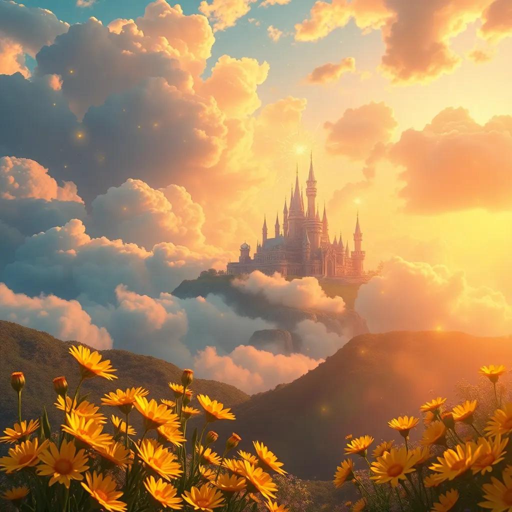 A magical kingdom behind the clouds, golden flowers shining like stars, with vibrant, cheerful light, beautiful scenery, enchanting landscape, digital art, detailed, warm colors, high quality