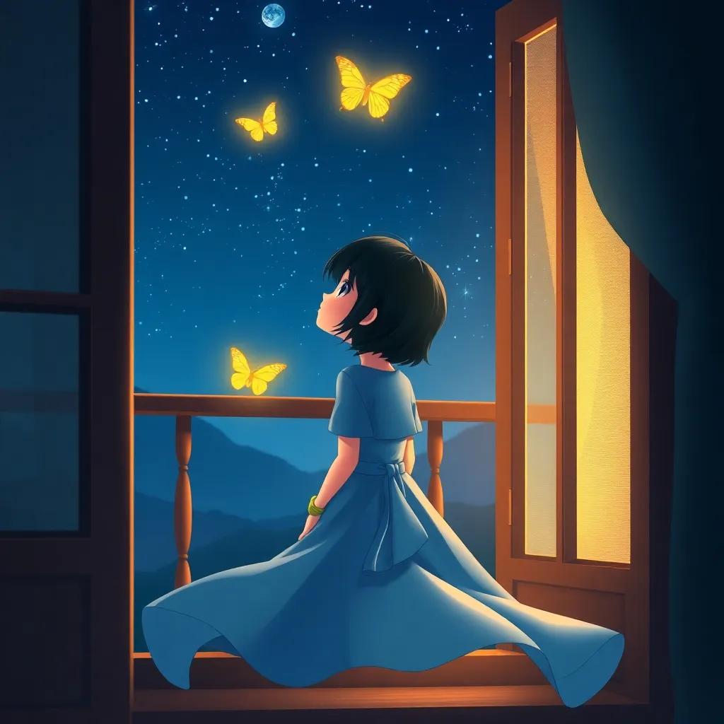 A brave girl named كَمُول, with short black hair, wearing a flowing blue dress, looking up at the night sky from her window, a golden butterfly glowing lightly, detailed illustration, warm light, magical atmosphere