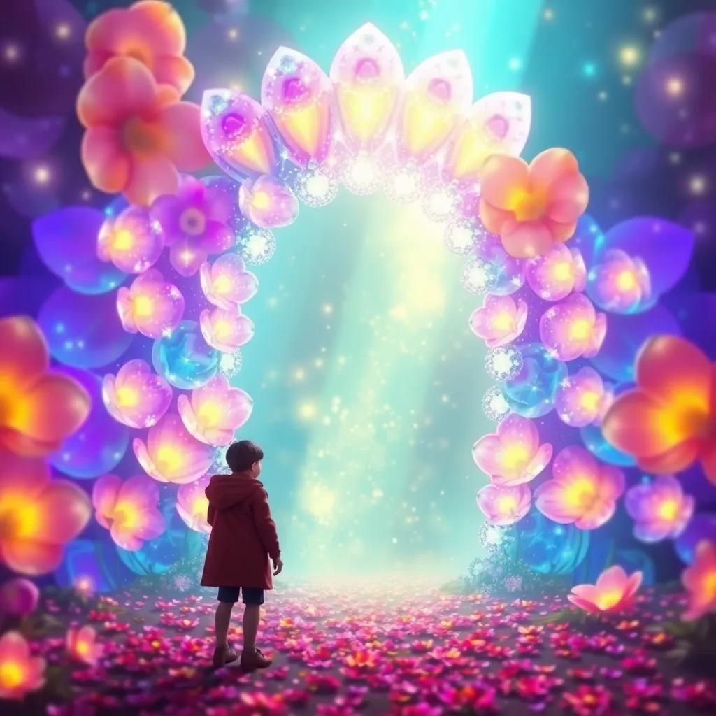 A sparkling magical gateway made of glowing flower petals, كَمُول standing in front of it with excitement, vibrant colors, fantasy art, bright lighting, captivating perspective, high quality