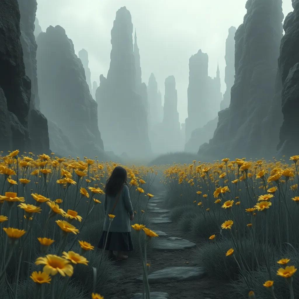 The sad gray kingdom with wilted golden flowers, a gloomy atmosphere, كَمُول exploring the area with determination, digital art, detailed, muted colors, storytelling viewpoint, magical