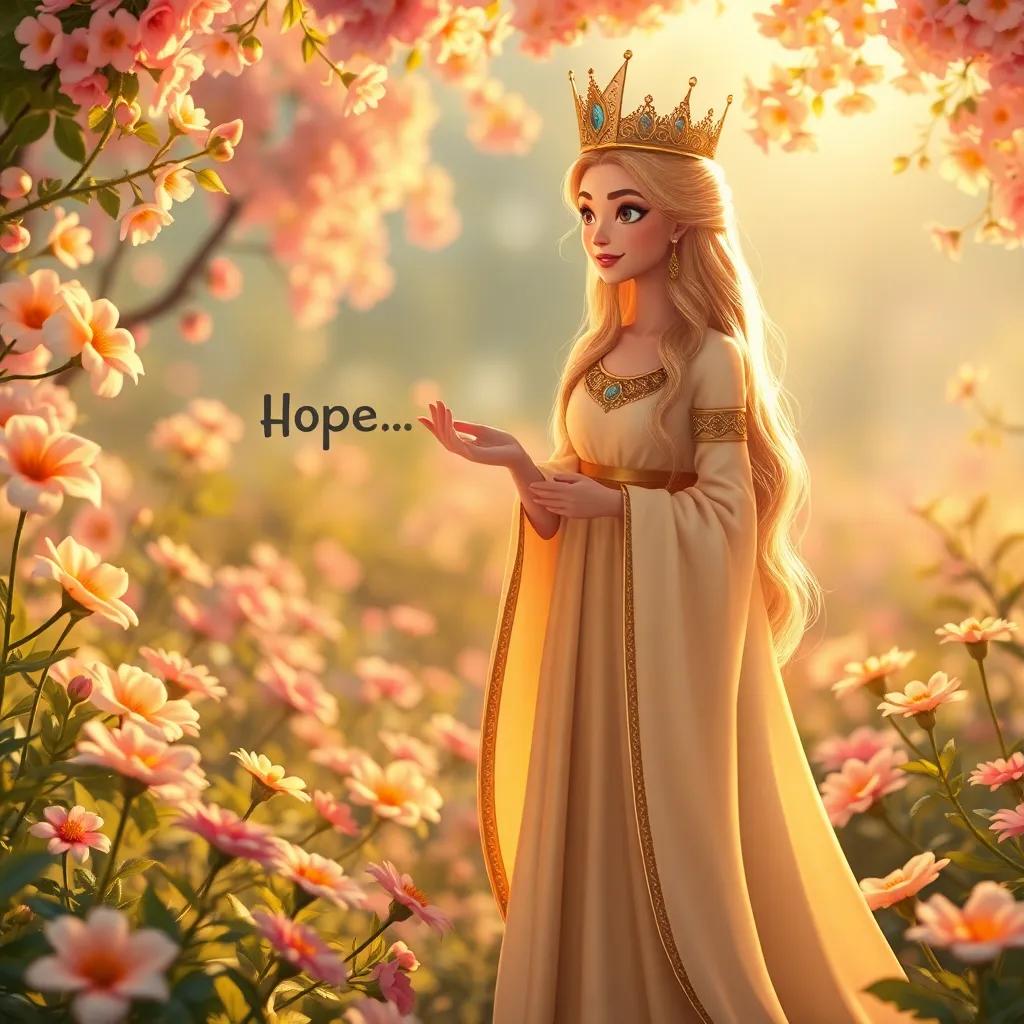 Queen لومينارا, appearing graceful with long flowing robes, with shimmering hair, addressing كَمُول with hope, inside a beautiful garden of blooming flowers, warm light, whimsical style, high quality