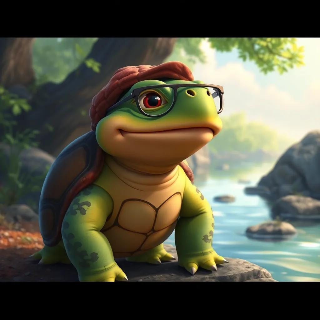 A wise turtle named الشيخ ريبيل, with a wise look and wearing glasses, standing by a whispering river, كَمُول looking attentively, lively colors, fantasy setting, digital painting, detailed
