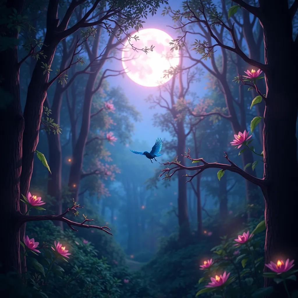 A moonlit forest with soft glowing light, كَمُول freeing a lonely moonbird from thorns, vibrant, lively colors, enchanting environment, high quality art