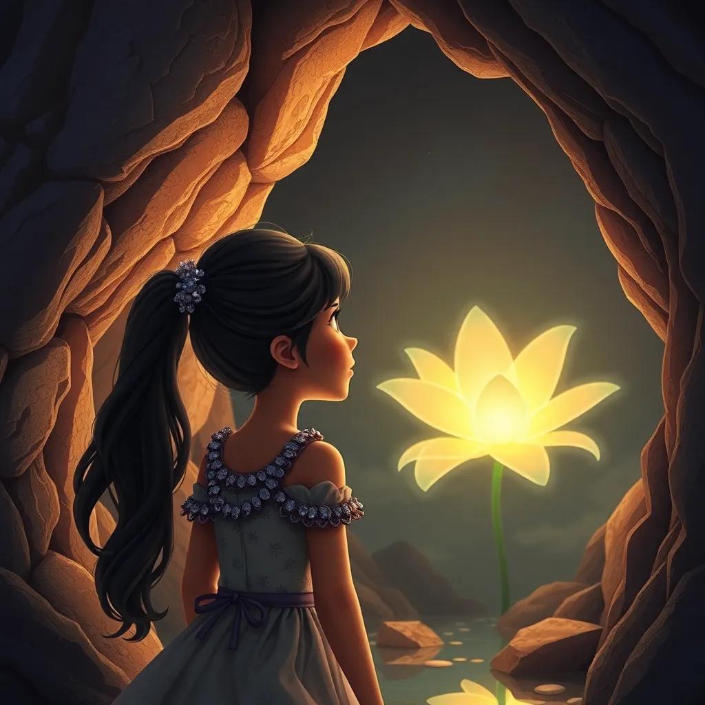 In a dream cave, كَمُول facing her reflection, with a magical glowing flower behind, tension and excitement in the air, digital art, detailed, rich colors