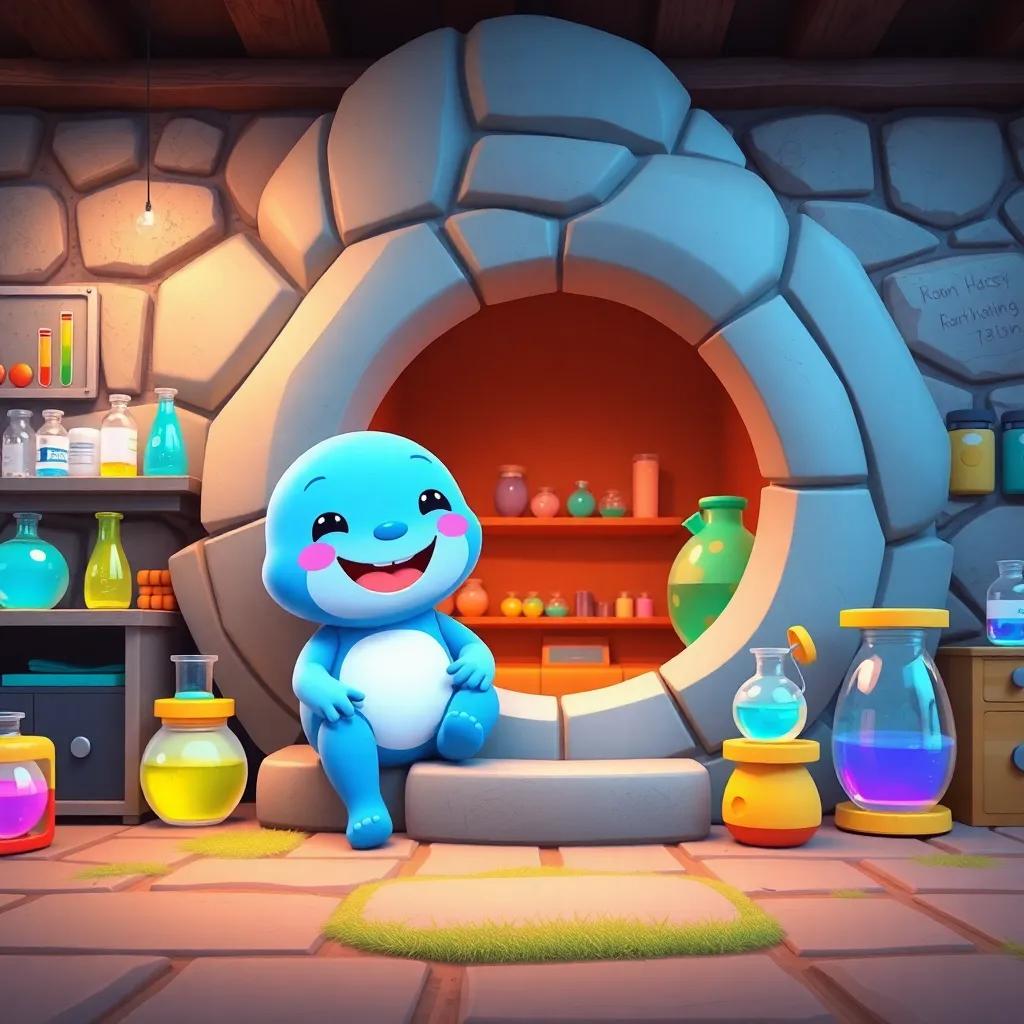A cute blue character named Kotol, representing mass, with a round shape sitting happily in a heavy stone house, colorful lab equipment around, digital art, vibrant colors, cheerful atmosphere, high quality