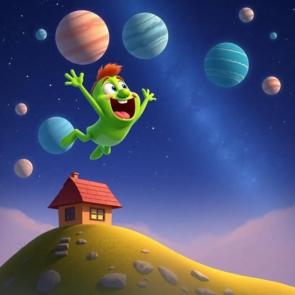 A lively green character named Wazzon, representing weight, floating in the air near a small house above the ground, excitedly looking towards a starry sky with planets, illustration, dynamic, adventure-themed, child-friendly
