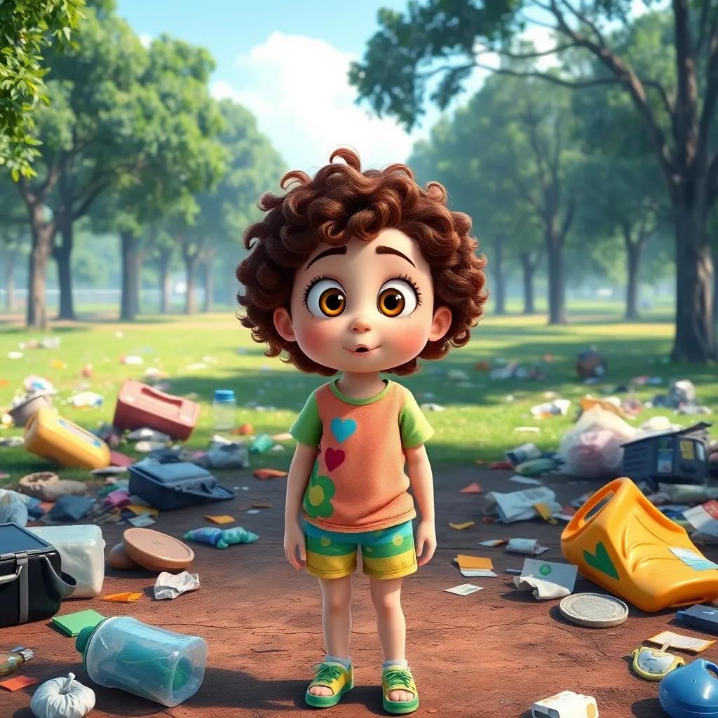 A young girl, Lara, with curly hair and bright eyes, wearing a colorful t-shirt and shorts, looking surprised while standing in a littered park with trash around her, digital art, cheerful colors, engaging atmosphere, high quality