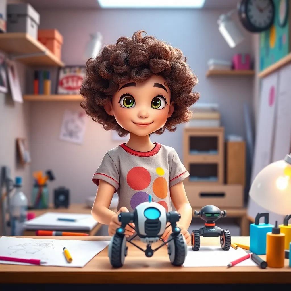 A young girl, Lara, with curly hair and bright eyes, wearing a colorful t-shirt and shorts, working in her small lab with sketches and tools, a robot prototype on the table, bright and inspiring light, colorful and creative space, high quality