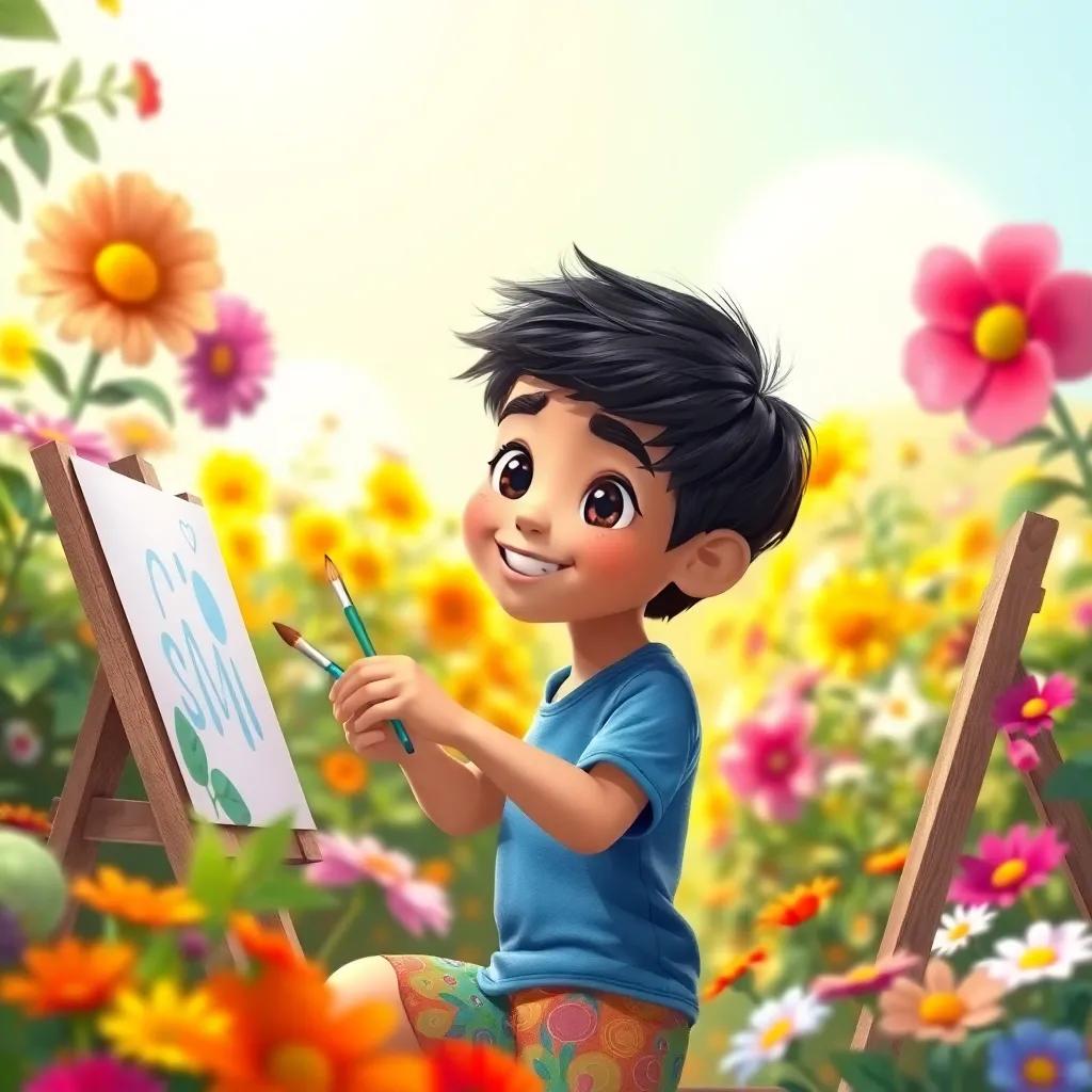A boy named Sami, a young Arab boy with short black hair, wearing a blue shirt and colorful shorts, painting in a sunny garden filled with flowers, digital art, bright and cheerful colors, vivid and inviting atmosphere