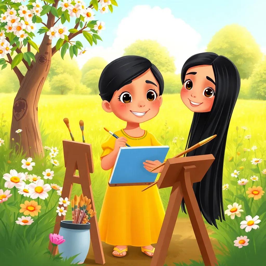 Leila, a young Arab girl with long black hair, wearing a yellow dress, happily joining Sami in the garden with brushes and paints, surrounded by blooming flowers and trees, cheerful illustration, lively, child-friendly