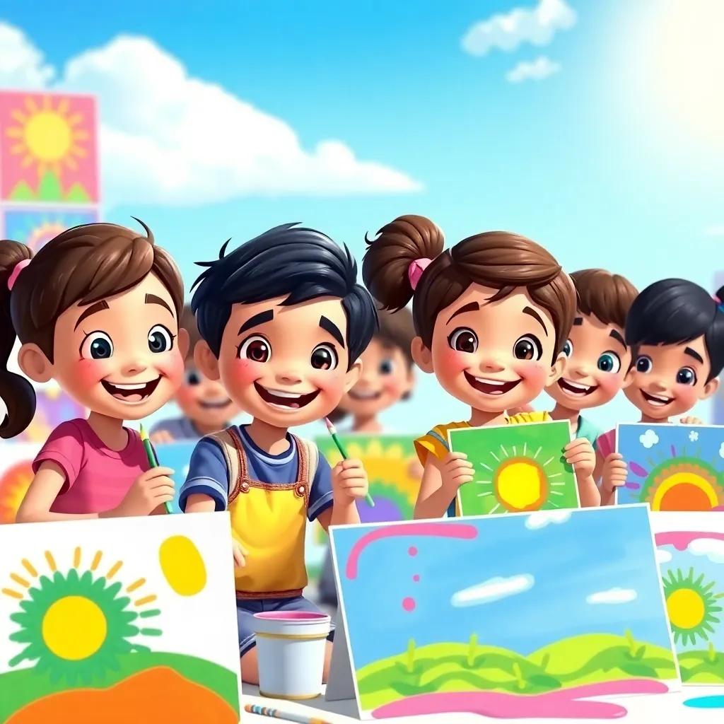 A group of children, including Sami and Leila, all painting together with big smiles, colorful paintings displayed around them, a sunny day with a clear blue sky, joyful and vibrant atmosphere, digital illustration, colorful
