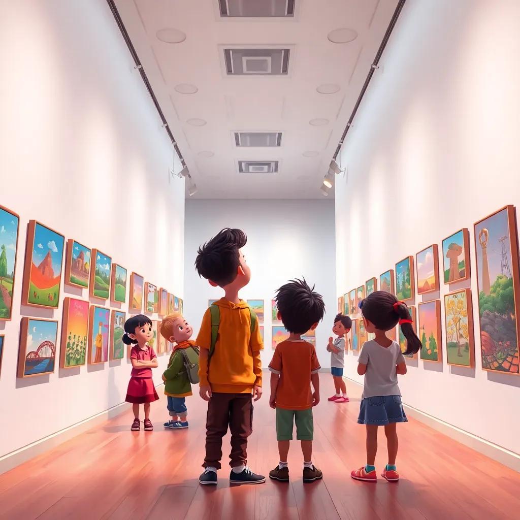 An exhibition hall with children's paintings displayed on white walls, Sami and his friends looking proudly at their artwork, bright lights shining down on their creations, celebratory mood, digital art, warm colors