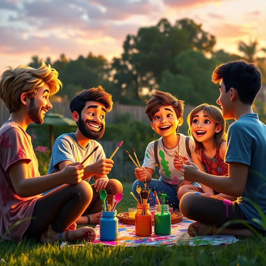 Sami and his friends painting together in the garden at sunset, with colorful splashes of paint surrounding them, laughter and joy reflected in their faces, harmonious and artistic atmosphere, vibrant colors, uplifting image